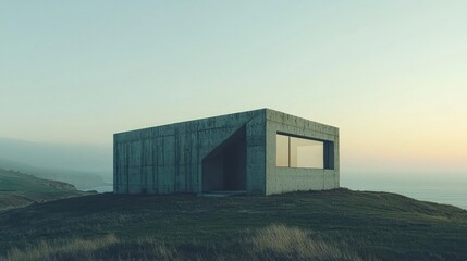 Fototapeta premium Minimalist concrete house on a cliff overlooking the ocean at sunset.