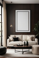 Modern Living Room Interior with Beige Sofa and Dark Wood Walls