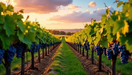 Vineyard rows with ripening grapes under autumn sky, countryside, sky