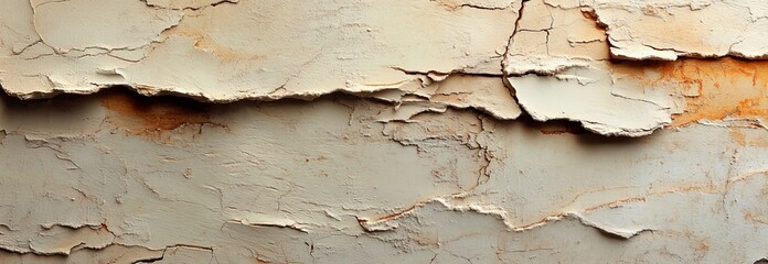 Naklejka premium A textured wall with stains and brush strokes creates a wide beige grunge background, ideal for design projects requiring a vintage or rustic aesthetic