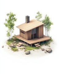 cabin architecture, timber architecture material isolated white background isometric view