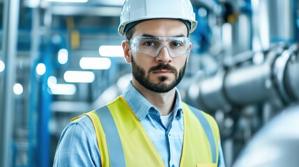 A focused worker in a safety helmet and glasses, wearing a yellow vest, stands in a factory surrounded by machinery and pipes.