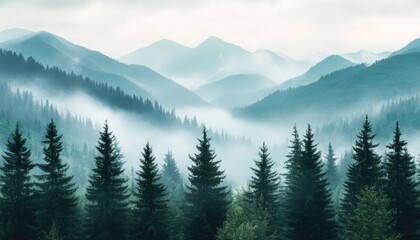 Fototapeta premium Misty Mountain Range, Forest, Calm, Scenic View