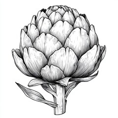 Obraz premium An engraved, woodcut-style sketch of an artichoke with complex, layered leaves is generated using AI, presented as a raster illustration with a scratchboard effect, and displayed in black and white