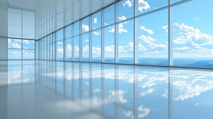 A modern, bright interior featuring large windows with reflections, showcasing a clear blue sky and clouds.