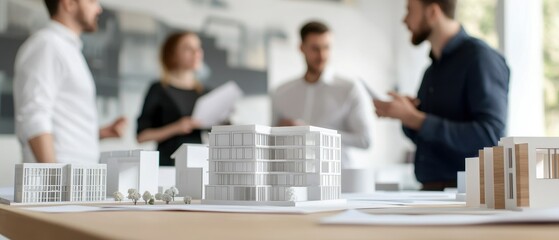 A group discusses architectural models in a modern office, showcasing various designs on a table, indicating collaboration and creativity in urban planning.