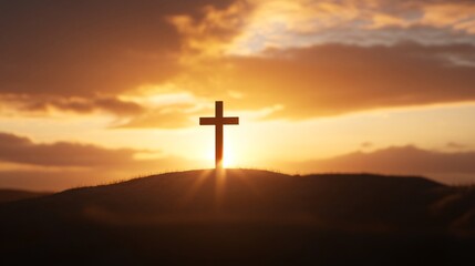 Good friday blessings, Silhouette of a cross at sunset, peaceful landscape with dramatic sky, evokes spirituality and reflection, space for text.