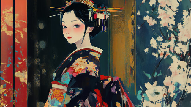Elegant Digital Painting of a Woman in Floral Kimono — Traditional Japanese Art Style. Beautiful digital illustration of a woman wearing an ornate floral kimono - Powered by Adobe