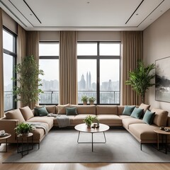 Fototapeta premium Modern Beige Sectional Sofa in Luxury Apartment with City View