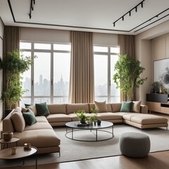 Fototapeta premium Modern Beige Sectional Sofa in Spacious Living Room with City View