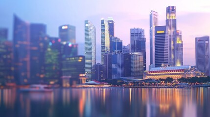 Fototapeta premium Blurred cityscape at twilight, reflecting in water.