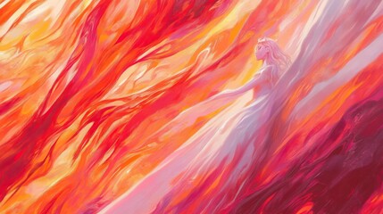Woman Soaring Through Vibrant Orange And Red Hues