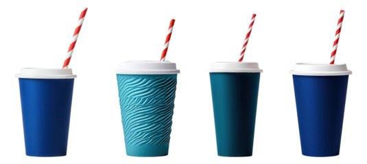 Set of blue takeaway coffee cups with lids and red striped straws isolated on transparent background