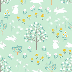 Easter seamless repeat pattern with hand drawn rabbits and wildflowers on spring forest