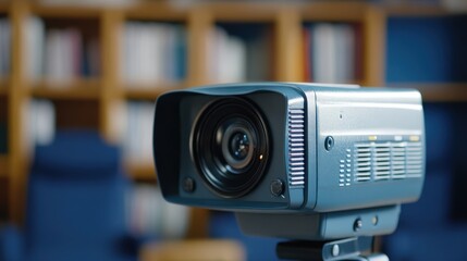 A modern projector sits in a library setting, conveying an atmosphere of learning and technology integration within an academic space.