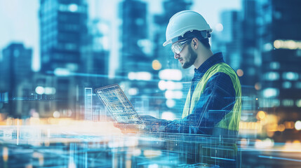 Digital technology concept of an engineer or architect working in construction 