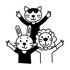 A hand drawn illustration depicting animal themed mask party
