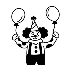 Doodle character illustration of a birthday clown holding two balloons

