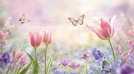 A few butterflies playfully flutter around the tulip heads, their delicate wings adding a touch of whimsy to the scene