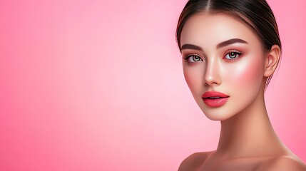 Fototapeta premium Elegant Asian woman with luminous skin and soft makeup poses in a clean, bright studio, showcasing a high-end beauty aesthetic.