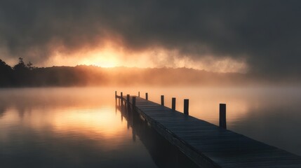 Obraz premium Misty sunrise over calm lake with wooden dock. (1)