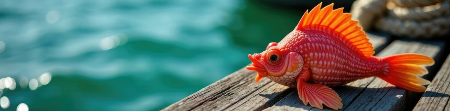 Harpago chiragra conch on a wooden dock with rope and netting, netting,