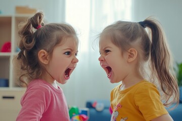 Two little mad angry girls sisters having fight at home. Friends girls can not share toy bag. Lifestyle authentic funny family moment of siblings quarrel. Kids bad