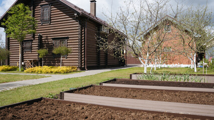 A well-maintained backyard garden with raised garden beds, young plants, and a blossoming tree near a wooden house, sustainable living, organic farming, and the beauty of spring gardening