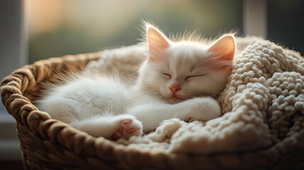 Obraz premium Sleepy white kitten nestled in a wicker basket, wrapped in a soft blanket, bathed in warm sunlight