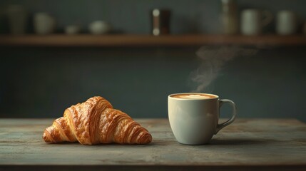 Steaming coffee cup and croissant on wooden table.
