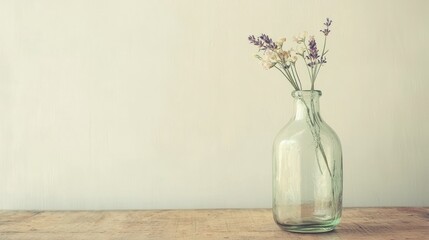 Dried wildflowers in a clear glass bottle on a wooden table.