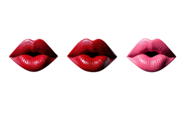 Set of three glossy lips in red and pink lipstick shades isolated on transparent background
