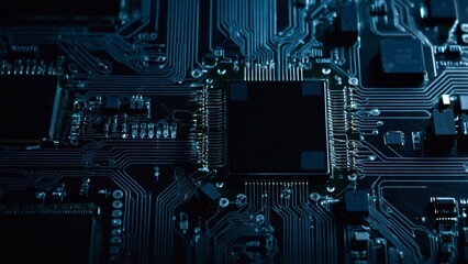 Fototapeta premium Abstract digital circuitry design with glowing blue elements on a dark background.