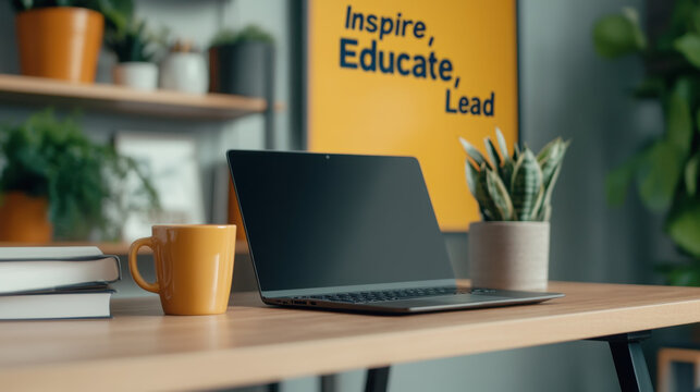 Modern workspace with laptop and motivation poster in office setting