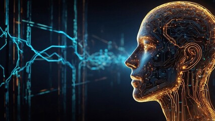Silhouette of a human head with glowing quantum circuits representing advanced technology and intelligence. Generative AI