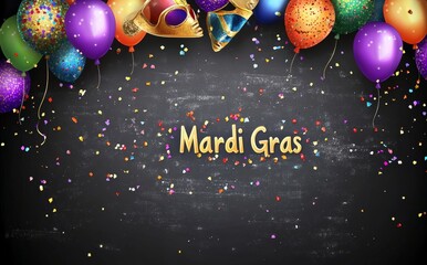 Naklejka premium The phrase Mardi Gras rendered in a fanciful calligraphic font with glittering gold highlights and joyful festive trimmings