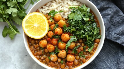 Hearty red lentil soup with paprika-baked chickpeas and fresh herbs, nutritious and comforting vegan meal, top view