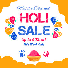 Vector illustration of Holi banner for sale and promotion for Festival of Colors celebration with message Massive Discount. Up to 60% off. Vector. This Week Only. 60% Discount. 