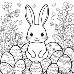 Obraz premium Cute Easter Bunny Surrounded by Easter Eggs and Flowers Coloring Page