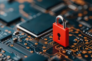 Digital lock on circuit board representing cybersecurity concept.