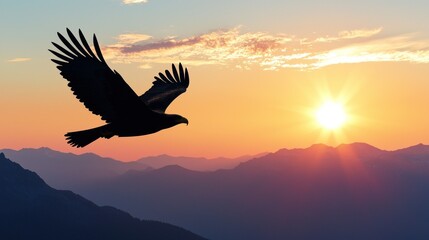 Majestic eagle silhouette soaring at sunset over mountain range.