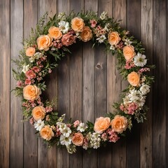 Peach and White Floral Wreath on Rustic Wooden Background