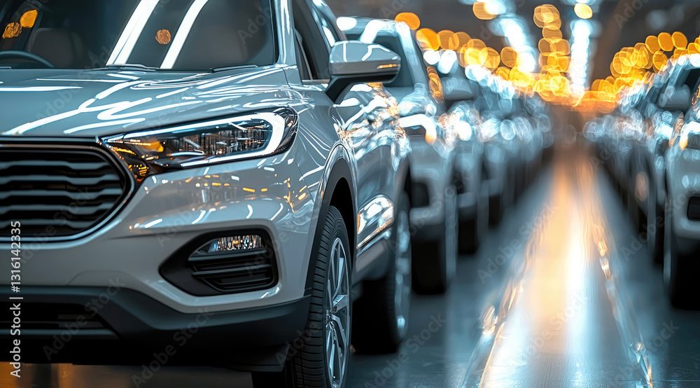 Poster modern cars lined up in factory with bright lights creating vibrant atmosphere