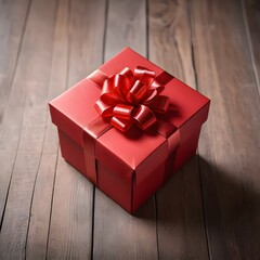 Red Gift Box with Ribbon on Wooden Background