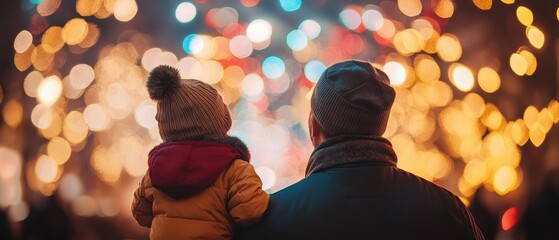 Father and child enjoying holiday lights city park night scene festive atmosphere back view family bonding