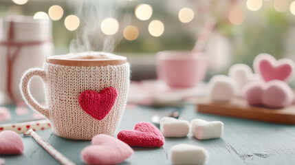 Cozy knit-wrapped mug with heart and marshmallows on wooden table