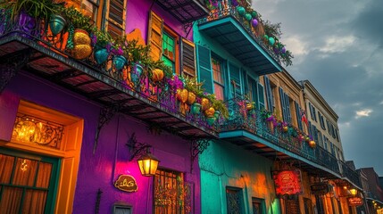 A shotgun house in the Audubon-Riverside neighborhood of New Orleans was decorated with an assortment of festive elements, including colorful beads and traditional Mardi Gras decorations, on February