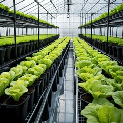 Rows of Lettuce Plants Growing in a Greenhouse