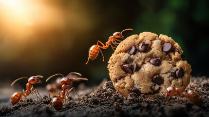 Ants Teamwork Lifting Chocolate Chip Cookie Macro Nature Photography
