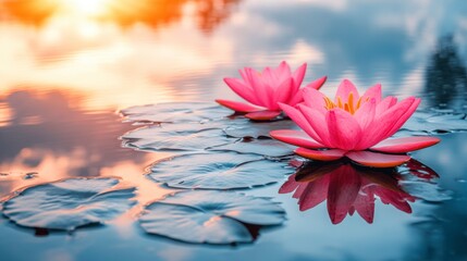 Two pink water lilies float on a calm pond at sunset, their reflections visible in the water. Soft light illuminates the scene, creating a serene atmosphere. Lily pads surround the flowers.